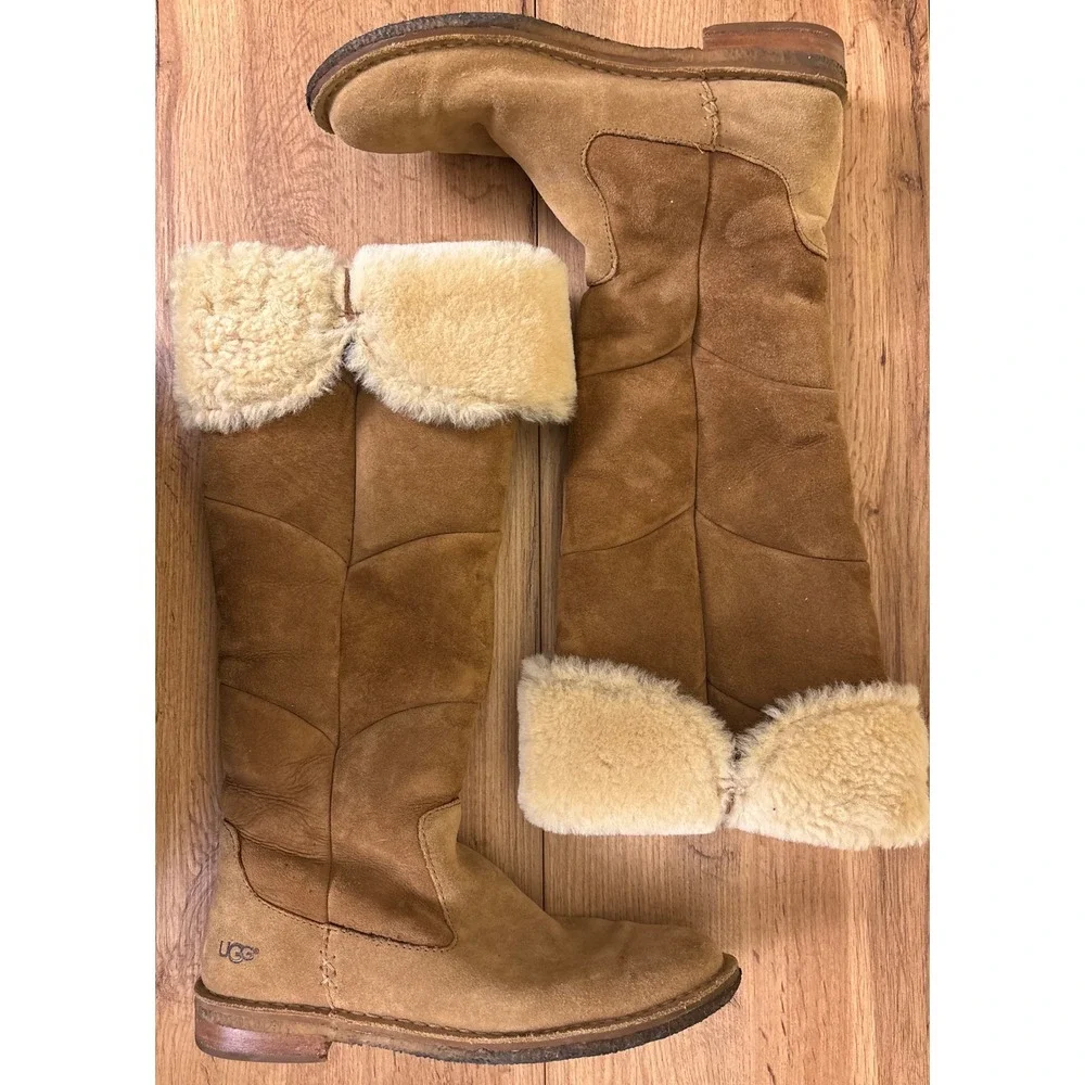 UGG Samantha Tall Boot Chestnut Tan Brown Women‎ Size 9 Foldover Knee High Suede